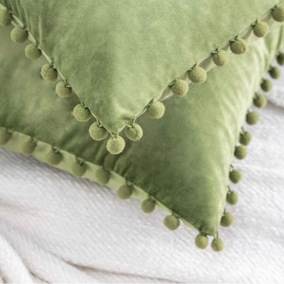 (Only Covers) Set of 2 Poms Poms Velvet Decorative Pillow Covers, Light Green - Picture 2 of 2